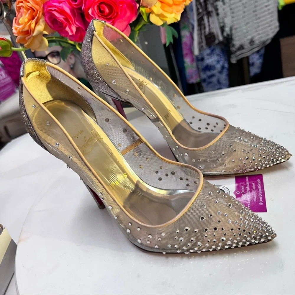 Christian Louboutin Follies Strass 100 Crystal Mesh Pumps Nude/Silver Glitter